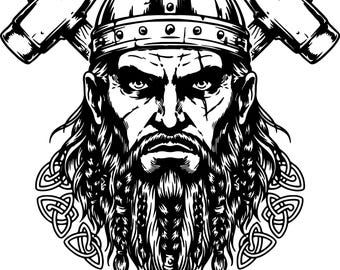 Viking Warrior SVG PNG | Celtic Norse Beard Helmet Design | Crossed Hammers Cut File