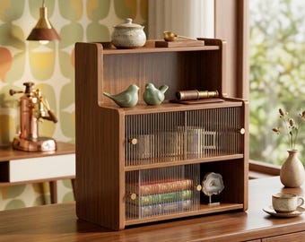 Mobile in noce stile Mid-Century Modern – Mobile contenitore da scrivania retrò, ante in vetro scanalato, credenza scandinava