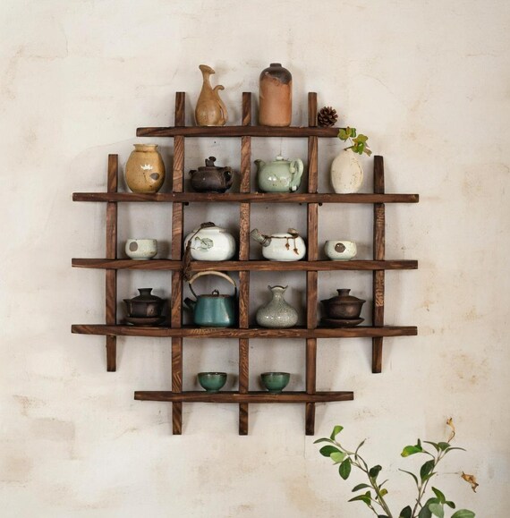 Handmade Japandi Walnut Grid Shelf – Organic Curved Teapot Display Rack