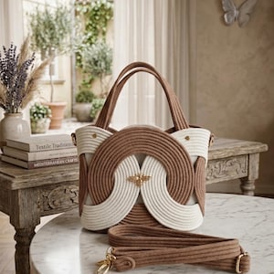 Handmade Rope Bag for Women, Boho Chic Cord Purse, Unique Gift for Her, Aesthetic Shoulder Bag with Bee Emblem, Luxury Cotton Cord Tote