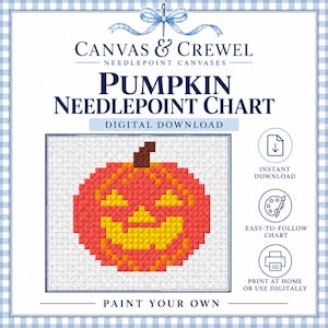 Peut inclure: Un modèle de canevas numérique représentant une citrouille pixelisée orange avec une tige brune et des traits jaunes. Le texte indique Canvas & Crewel, Pumpkin Needlepoint Chart, Digital Download, Instant Download, Easy-to-Follow Chart, Print at Home or Use Digitally, et Paint Your Own.