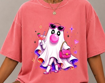 Girly Halloween Shirt, Pink Ghost Graphic Tee with Bubble Gum, Cute Spooky Season T-Shirt