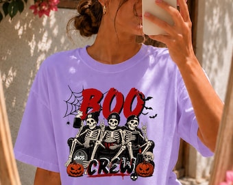 Maglietta Boo Crew, maglietta con grafica scheletro di Halloween, maglietta retrò per la stagione spettrale