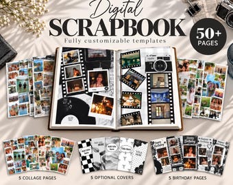 Black and White Scrapbook Template, 50+ Page Canva Photo Album, Editable Digital Memory Book
