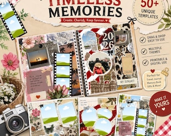 Pacote de Modelos de Scrapbook do Canva, mais de 50 páginas de álbum de fotos editáveis (Download Digital)