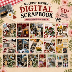 May include: A digital scrapbook template set featuring 50+ unique designs. The display shows 16 numbered layout examples with various photo collages, film strips, floral accents, and text elements like 'PICNIC DAY', 'CAFE & WORK', and 'TEA PARTY'.