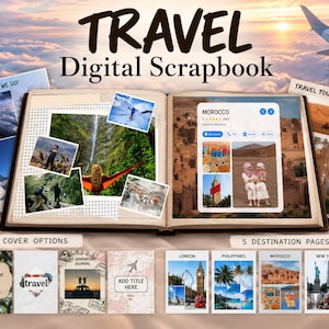 Puede incluir: Una plantilla de álbum de recortes digital de viajes con un libro abierto, collages de fotos, una tarjeta de ubicación de Marruecos y el texto TRAVEL Digital Scrapbook y 50+ PAGES. Incluye cinco opciones de portada y cinco páginas de destino para Londres, Filipinas, Marruecos, Nueva York y Corea del Sur.