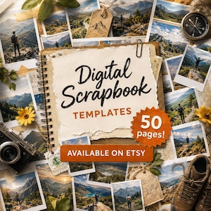Puede incluir: Un álbum de recortes de espiral con el texto Digital Scrapbook TEMPLATES y 50 pages! rodeado de varias fotografías de paisajes de montaña, una cámara vintage, una brújula, botas de senderismo y etiquetas de papel con motivos de hojas.