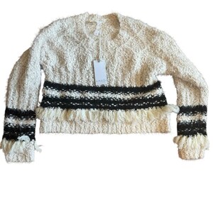Sweter Anthropologie Amadi Cora z frędzlami w kolorze kremowo-czarnym, rozmiar S zdjęcie 4