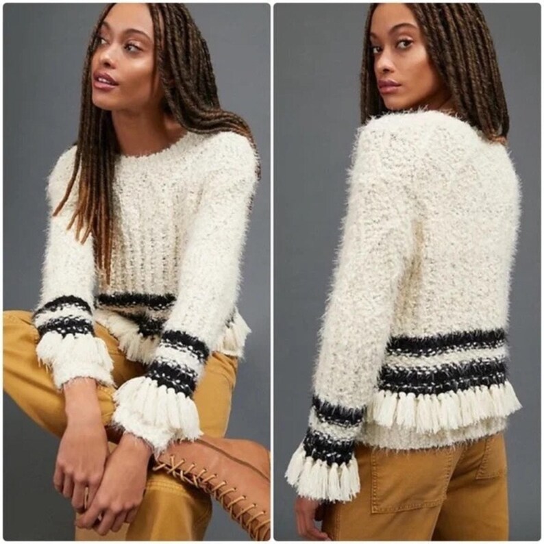 Sweter Anthropologie Amadi Cora z frędzlami w kolorze kremowo-czarnym, rozmiar S zdjęcie 2