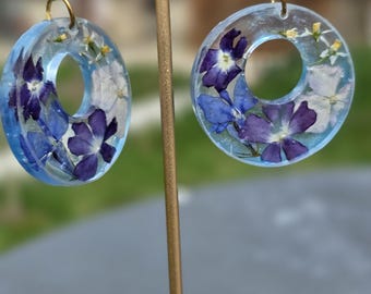 Hand pressed dried flowers in resin earrings, blue and purple