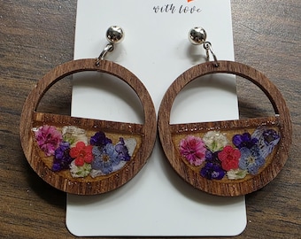 木製樹脂製ドライフラワーイヤリング