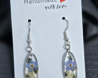 Forget-me-not and Queen Anne's lace pressed flower resin earrings