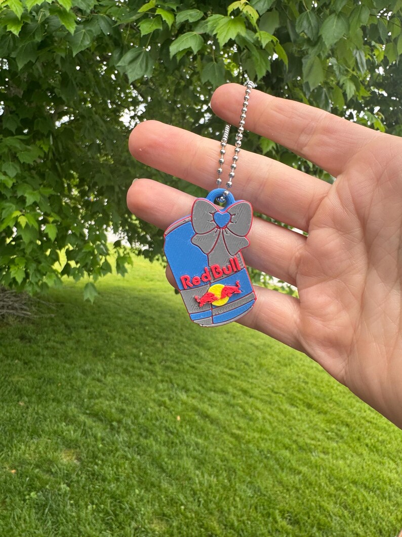 May include: A blue and gray Red Bull keychain with a silver chain. The keychain features a bow and the Red Bull logo in red and yellow. The background is a green lawn and foliage.