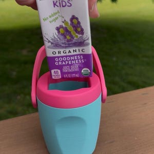May include: A white and purple Honest Kids juice box with the text "Honest KIDS" and "No added sugar" is held above a pink and teal sippy cup. The juice box features a grape design and is 6 fl oz (177 mL).