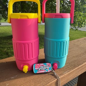 May include: Two insulated beverage coolers, one pink with a yellow handle and lid, the other teal with a pink handle and lid. A small Alani can-shaped charm is in front of the coolers. Both coolers have a spigot and a handle.