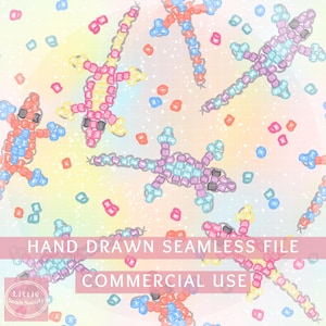 May include: A seamless pattern featuring colorful beaded lizards in shades of pink, orange, blue, and purple. The lizards are scattered across a pastel background with the text "HAND DRAWN SEAMLESS FILE" and "COMMERCIAL USE".