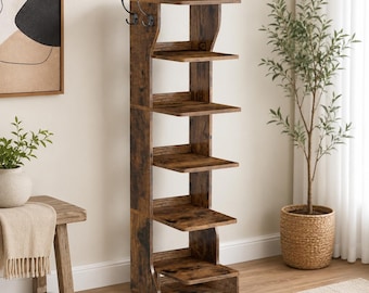7 Tier Vertical Shoe Rack with Hooks – Rustic Brown Slim Storage Tower