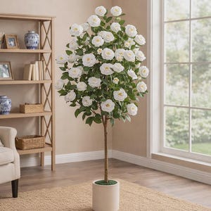 5ft Artificial Camellia Tree with White Flowers Faux Plant in Planter Indoor Outdoor Decorative Fake Tree for Living Room Patio Home Decor.