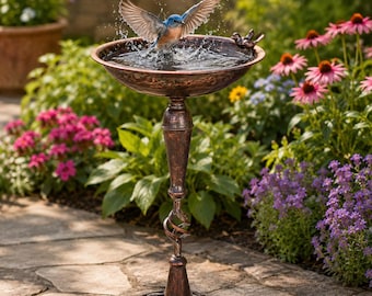 Copper Bird Bath for Outdoor Garden, Vintage Pedestal Birdbath with Bird Detail, Rustic Patio Yard Decor Gift for Bird Lovers.