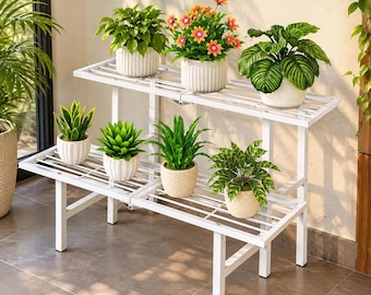 Metal Plant Stand, 2 Tier White Flower Shelf, Indoor Outdoor Plant Holder for Patio Balcony Garden
