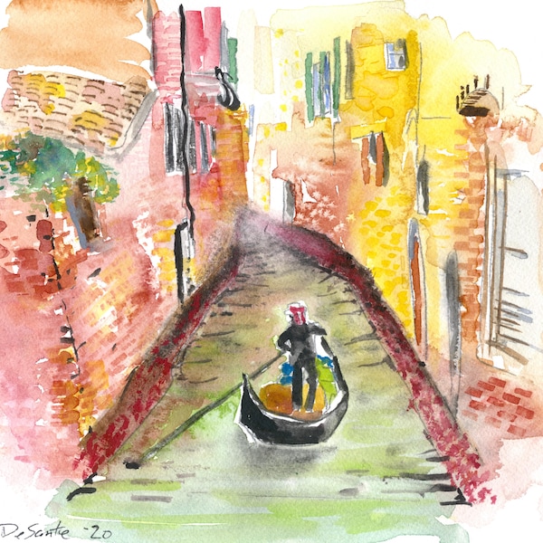 Impresión en acuarela de un gondolero del canal de Venecia (tapete opcional)