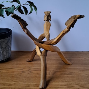Vintage African Hand Carved Interlocking 3 Legged Tripod Wood Stand, Tribal Figural Men Bowl Display Holder, Single Piece Folding Sculpture