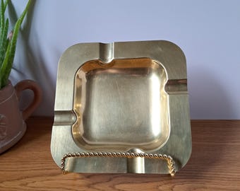 Vintage Solid Brass Ashtray, Large Square Brass Cigar Tray, Mid Century Modern Tobaccoriana Catchall, Retro Bar Cart Decor