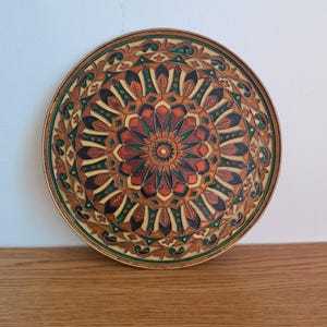 Vintage Greece Enamel Brass Plate, Hand Painted Geometric Mandala Wall Hanging Dish, Chiseled Greek Folk Art Platter, Ornate Round Metal