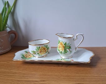 Royal Albert Tea Rose Creamer and Sugar Bowl Set with Tray, Vintage English Bone China Yellow Rose Tea Service, Three Piece Set