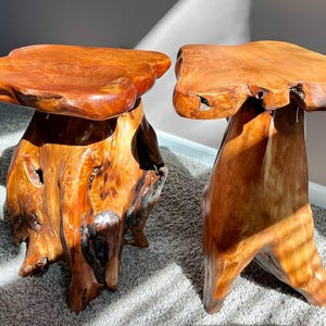 May include: Two handcrafted wooden side tables with organic shapes. The tables are made from a rich, reddish-brown wood, featuring unique knots and textures. The tops are roughly 18 inches wide, and the bases are intricately carved.