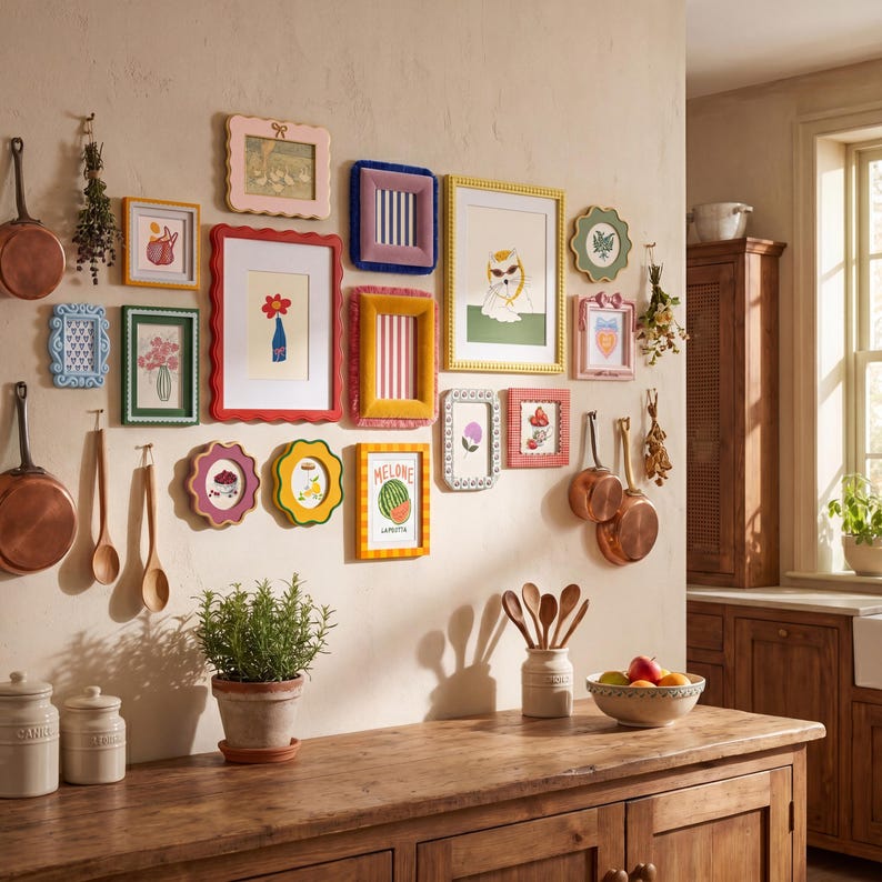 Może przedstawiać: Ściana galeria z r&oacute;żnymi kolorowymi ramkami na zdjęcia z ilustracjami, w tym arbuzem z napisem MELONE LA FRUTTA, obok miedzianych patelni, drewnianych łyżek, rośliny doniczkowej i miski z owocami na drewnianym blacie kuchennym.