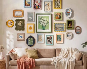 Vintage Colorful Mix and Match Picture Frame Set, Curated Eclectic Photo Frames, Boho Wall Decor Gallery Wall Kit (Single/Set)
