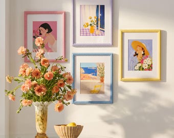 Dänische Pastell Perlen Bilderrahmen mit Kunstdruck, Bunte Klöppelrahmen, Pastell Eklektische Wanddekoration, Dopamin Dekor, Niedlicher Cottagecore Rahmen