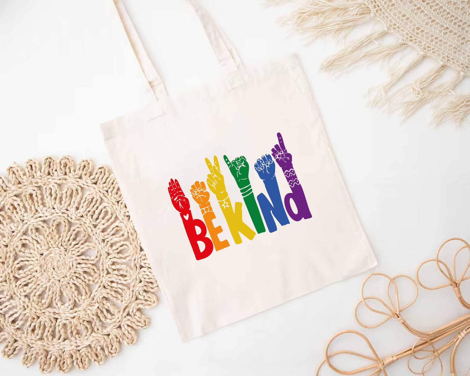 Gift Inclusion Sign ASL Be Kind Tote Bag, Sign Language Rainbow Gift, Inclusion Canvas Bag ...