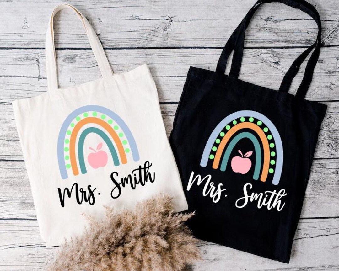 Custom Teacher Tote Bag, Personalized Name Gift, Rainbow School Bag - Etsy