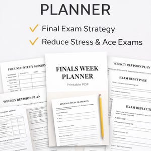 Peut inclure: Un planificateur imprimable de la semaine des examens finaux avec le texte "Stratégie d'examen final" et "Réduire le stress et réussir les examens". Le planificateur comprend des pages pour les sessions d'étude ciblées.
