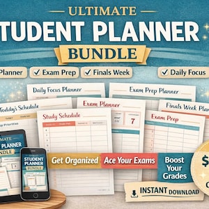 Peut inclure: Image promotionnelle d'un ensemble de planificateurs étudiants ultimes. Le design présente le texte "Ultimate Student Planner Bundle" et comprend des options de planificateur d'étude, de préparation aux examens, de semaine finale et de concentration quotidienne.