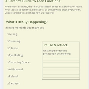 May include: A Parent's Guide to Teen Emotions, a beige-colored document with the title "Understanding" in dark gray. The guide lists common teen behaviors and includes a "Pause & reflect" section for parents.