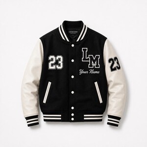Custom Varsity Jacket, Personalized Letterman Jacket, Black and White Bomber Jacket, Custom Varsity Jacket