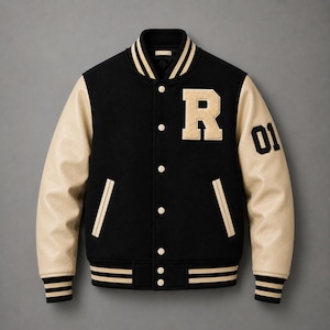 May include: A black varsity jacket with cream-colored sleeves, featuring a large cream-colored letter R patch on the left chest and the number 01 in black on the left sleeve. The jacket has a snap-button front, ribbed collar, and striped cuffs.