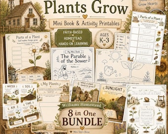Puede incluir: Un conjunto de imprimibles educativos titulado "God Made Plants Grow". El paquete incluye minilibros, hojas de actividades y páginas para colorear centradas en los ciclos de vida de las plantas, la fotosíntesis y los versículos bíblicos. El tema es el aprendizaje en el hogar basado en la fe para niños de 3 a 8 años.