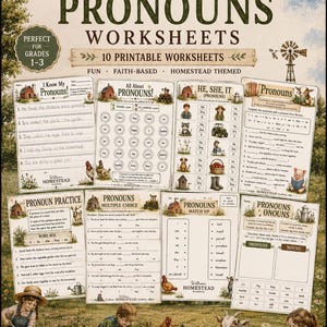Könnte beinhalten: Eine Sammlung von zehn ausdruckbaren Arbeitsblättern mit dem Titel Williams Homestead Academy Pronouns Worksheets. Die Seiten zeigen Illustrationen zum Thema Bauernhof, darunter Scheunen, Windmühlen, Hühner und Ziegen, mit Übungen zu Pronomen.