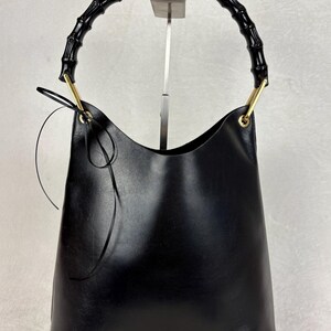 Vintage Gucci Bamboo Handle Hobo and Attached Pouch in Black Calfskin