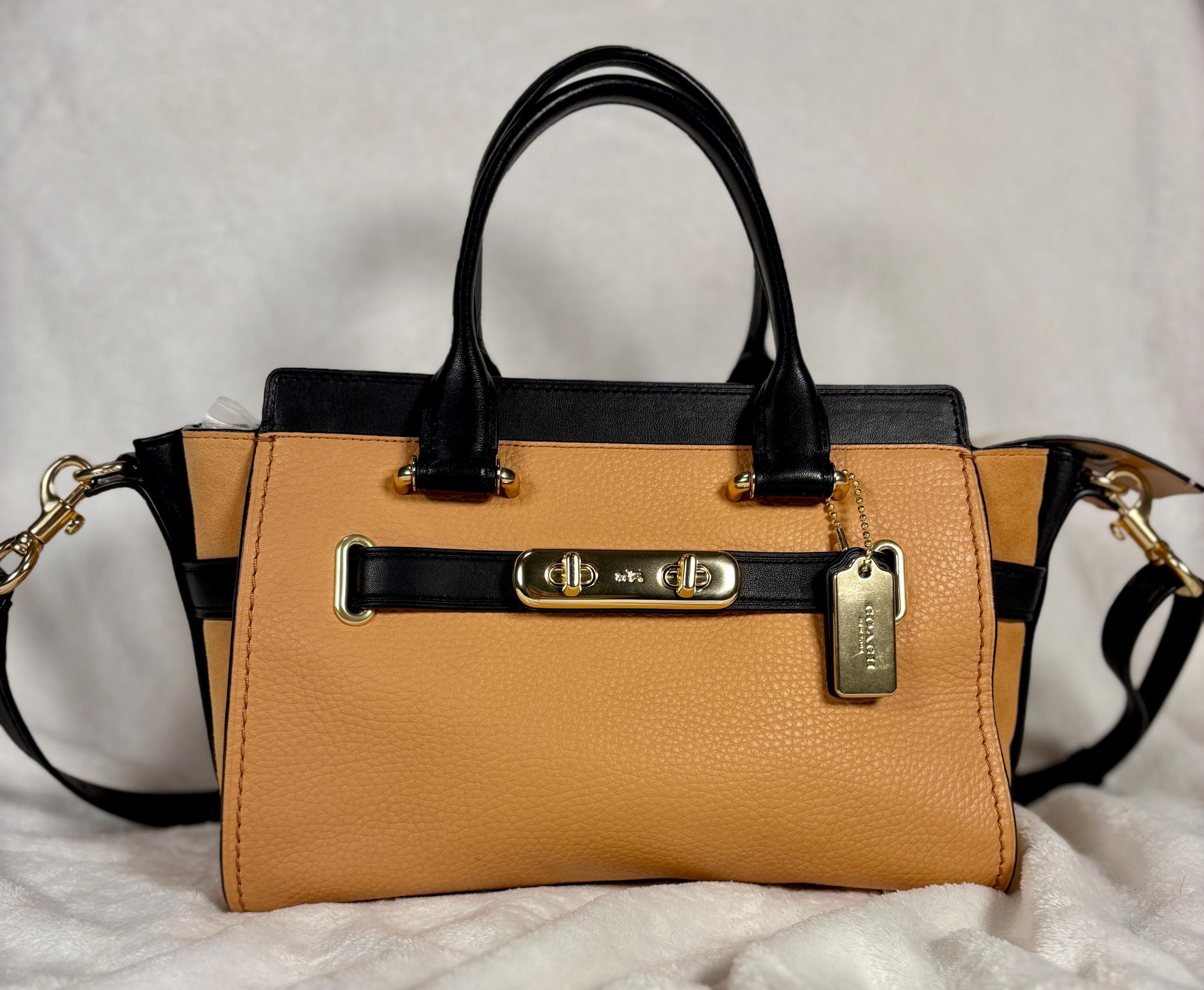 Coach Swagger 27 Carryall in Camel Brown and Apricot Multi Pebble