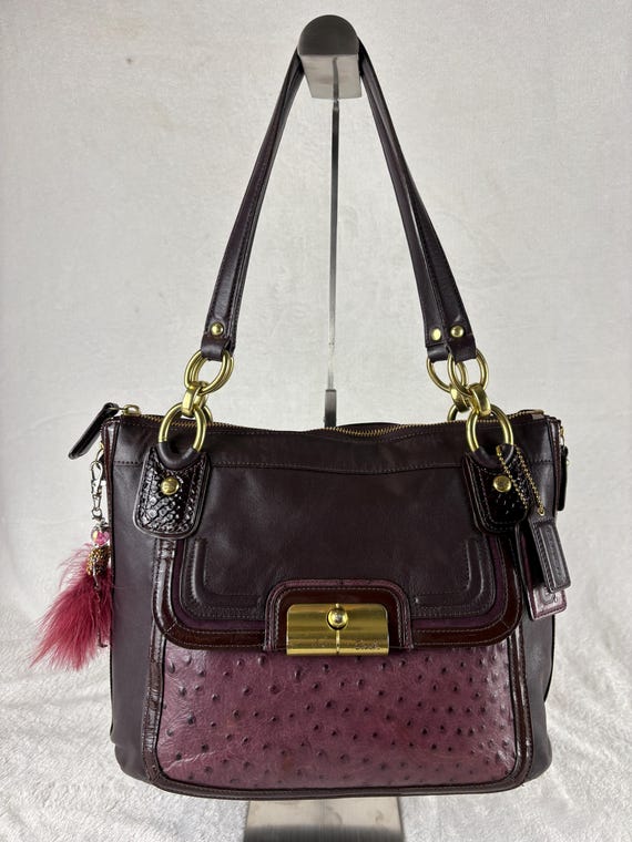 Coach Kristin Spectator North-South Zip Tote in Eggplant/Plum/Ostrich Embossed and Patent Leather with Charm