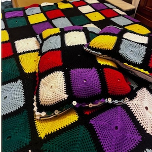 Handmade Granny Square Crochet Bedspread, Multicolored Patchwork Plaid, Boho Style 200x160cm
