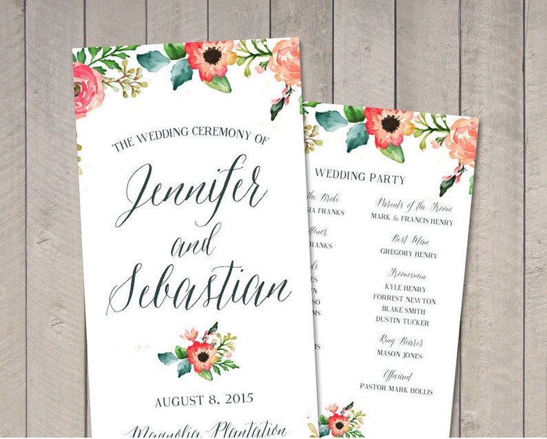 Watercolor Wedding Program Printable By Vintage Sweet Etsy