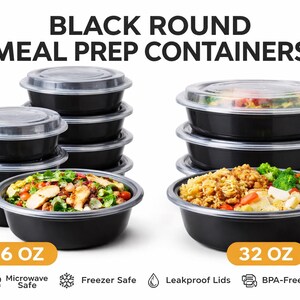 May include: Black round meal prep containers with clear lids, stacked in groups. The image shows 16 oz and 32 oz containers filled with food. Text on the image reads "BLACK ROUND MEAL PREP CONTAINERS". The containers are microwave and freezer safe.