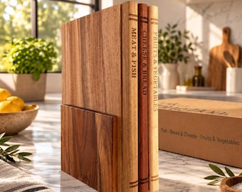 Book Cutting Board Set, 3pc Wood Charcuterie Board with Stand, Unique Kitchen Decor, Housewarming & Wedding Gift